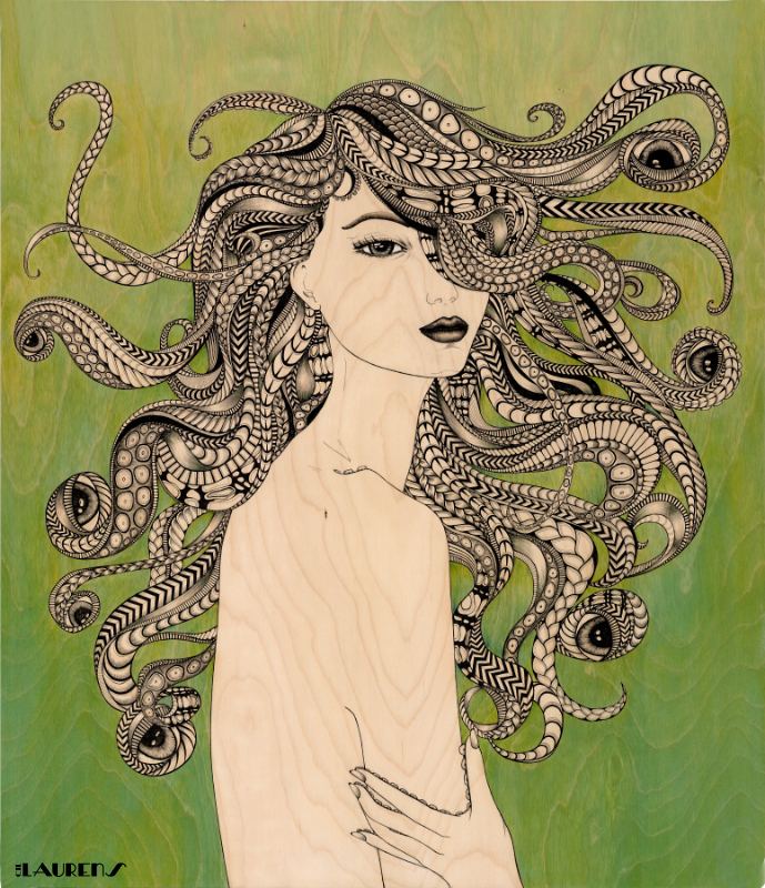 Cthulha, ink drawing of a woman with tentacle hair on green-stained wood