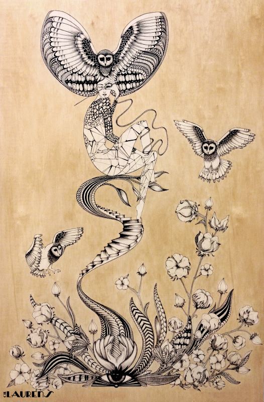 Conscious New World, owl and staircase figure among cotton flowers, commissioned for H&M