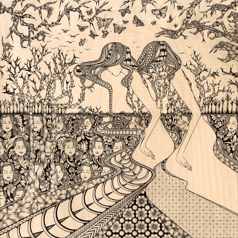 Swamp Land, two profiles merging into one, ink on wood